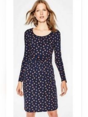 Anthropologie Boden Long Sleeve Navy Dress with Rust Dot Print